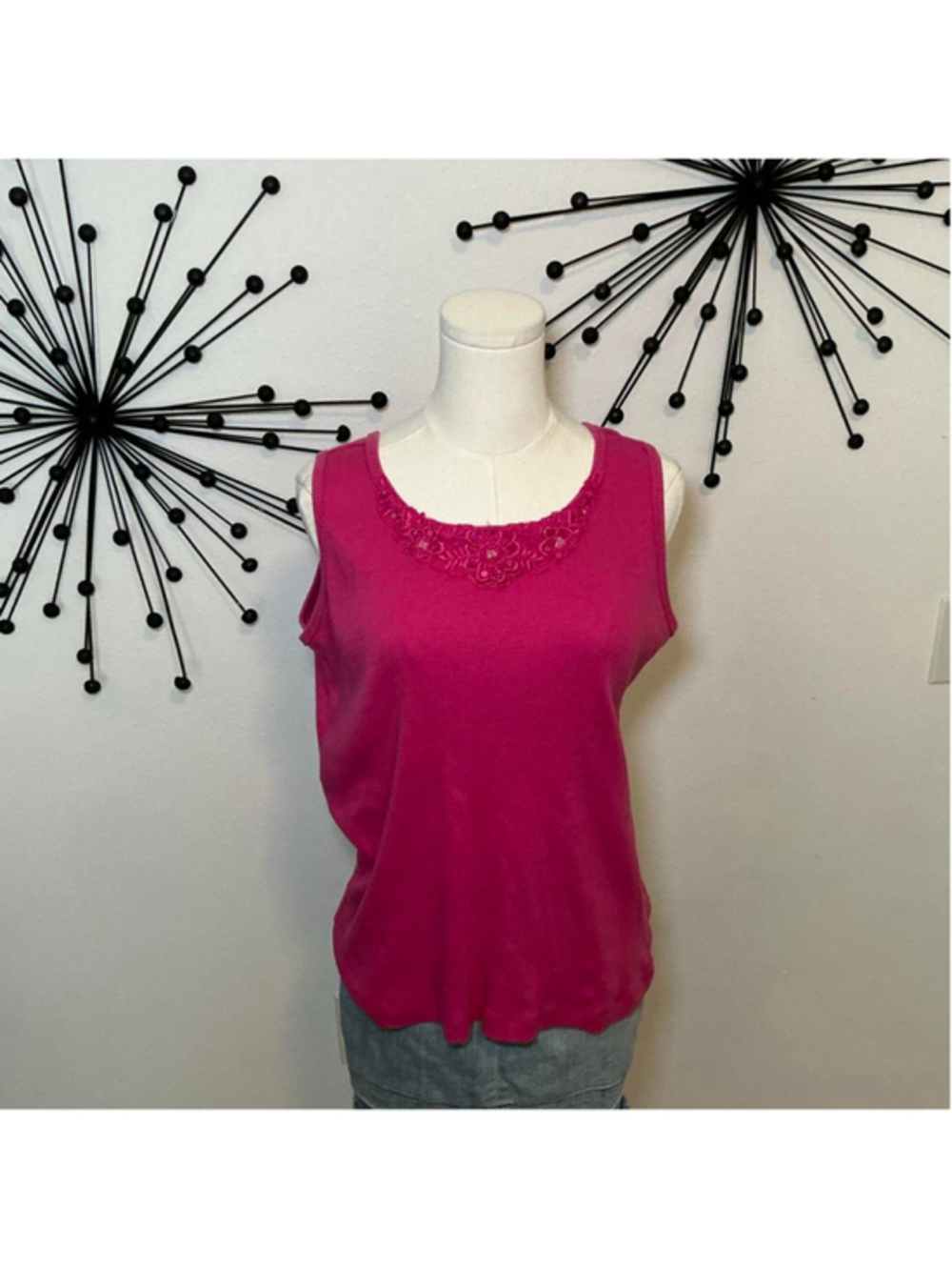 Vintage Bobbie Brooks Pink Embellished Ribbed Tank Top Size L 14 16 - Picture 1 of 5
